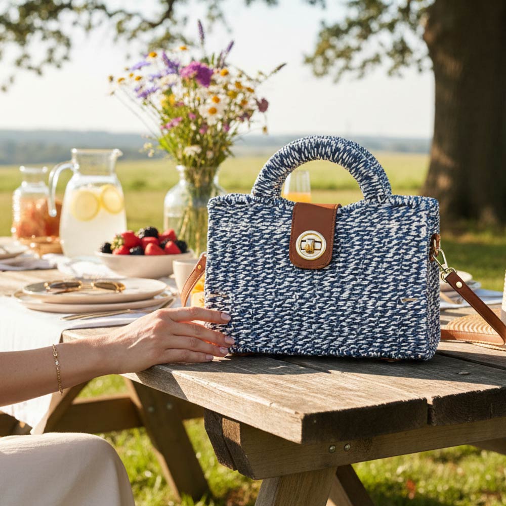 Structured Top Handle Woven Mini Satchel Crossbody Bag