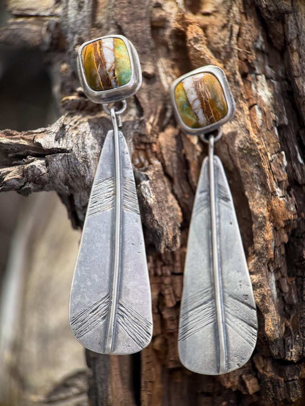Polychrome Turquoise Feather Dangle Earrings